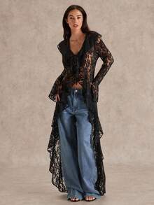 Glamine 春夏浪漫度假荷叶边优雅蕾丝透视女长款薄外套西装女蕾丝外套蕾丝女万圣节蕾丝上衣秋冬女装外套 - 黑色 - 查看 6