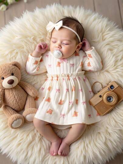 0-9 个月新生女婴可爱甜美圆领长袖连衣裙，卡通熊和蝴蝶结印花图案，粉色蝴蝶结 3D 装饰，女婴服装，休闲、舒适、时尚、简约、实用、多功能、柔软舒适，适合作为礼物，每个宝宝的必备品，四季皆宜，室内外皆宜