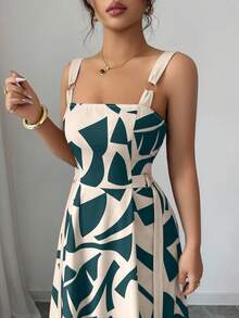 Women's Summer New Casual Spaghetti Strap Waist Flared Geometric Print Dress - Multicolor - View 6
