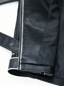Aveloria GENKIRA New Loose Fit Vintage Lapel Hem Tie Waist Motorcycle Leather Jacket - Black - View 6