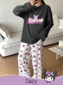 DAZY HELLO KITTY AND FRIENDS | SHEIN 女士卡通图案宽松上衣和裤子睡衣套装，秋季、秋冬季服装 - 深灰色 - 查看 1