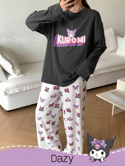 DAZY HELLO KITTY AND FRIENDS | SHEIN 女士卡通图案宽松上衣和裤子睡衣套装，秋季、秋冬季服装