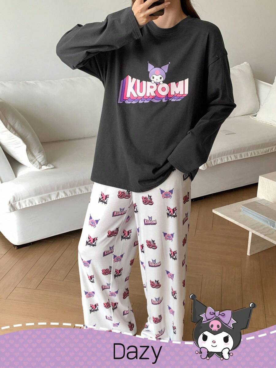 DAZY HELLO KITTY AND FRIENDS | SHEIN 女士卡通图案宽松上衣和裤子睡衣套装，秋季、秋冬季服装 - 深灰色 - 查看 1