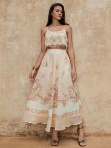 Lumalex VITNOS New Spring Collection, Luxury Vintage-Inspired Floral Border Print High-Waist Maxi Skirt – Lightweight Sheer Chiffon, Soft A-Line Silhouette, Elegant Flowing Hem, Summer Resort & Occasion Wear, New Year Glamour, Brown Skit, Elegant For Parties, New Year Parties, Holiday Party Guide, Elegant Skirt - Multicolor - View 5