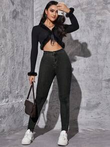 SHEIN Essnce Quần jean bó cạp cao màu trơn đơn giản dành cho nữ đi làm thường ngày - màu đen - Xem 5