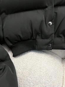 SHEIN 青少年女孩休闲宽松短款立领棉衣，简约风格，适合秋冬季、返校季 - 黑色 - 查看 4