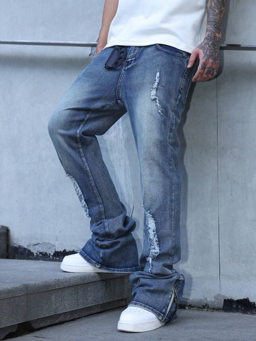 Manfinity Roughcore Quần Jeans Nam Ống Thẳng Rách Thời Trang Đường Phố Thường Ngày Quần Jeans Nam Xếp Chồng - Rửa trung bình - Xem 1