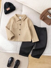 Bộ 2 áo sơ mi dài tay có cổ, áo khoác và quần dài bằng vải kaki trơn màu thường ngày cho bé trai, thích hợp cho tiệc sinh nhật, tiệc rave, tiệc tối, biểu diễn, đám cưới, tiệc mừng em bé và tiệc mừng sinh nhật lần thứ 1 - Nhiều màu - Xem 5
