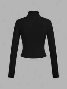 SHEIN EZwear 2pcs Versatile Fitted White & Black Knit Yoga Fitness Activewear, Letter Embroidery Graphic Zip-Up Long Sleeve T-Shirt, Chic For Autumn/Winter - Multicolor - View 6