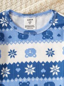 Young Boy Short Sleeve Top & Pants Snug Fit Pajama Set, Christmas Gift Fall Winter - Blue - View 5
