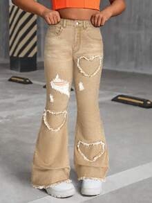 SHEIN Tween Girl Y2K Heart Pattern Distressed Denim Flare Leg Jeans, Fall Back To School - Khaki - View 5