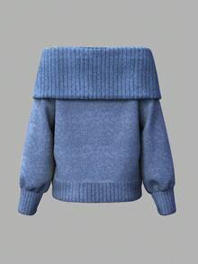 INAWLY Women's Casual Solid Color Off-Shoulder Loose Knit Sweater, Autumn/Winter - Dusty Blue - View 2