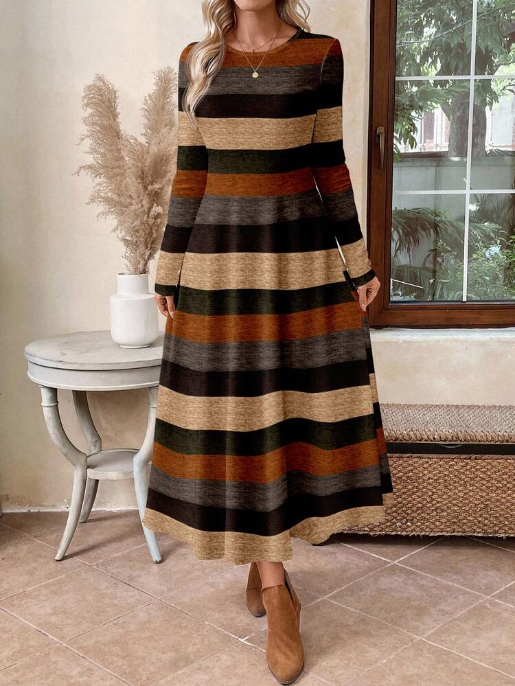 Vestido Longo Casual Feminino com Listras Colorblock, Adequado para Outono/Inverno, Casual - Multicolorido - Visão 3