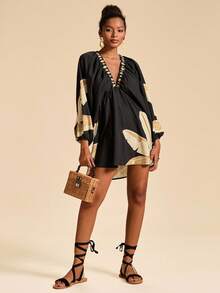 Travachic Vacation Printed V-Neck Long Sleeve Mini Dress For Women,National Day,  New Year Clothes,  Going Out Outfit, Luxury Elegant Graduation, Tunic Dresses,Fall Winter Clothes, Christmas Party, New Year, Wedding Guest Outfits, Elegant Graduation, Luxury Prom Dress, Casual Outfits - Multicolor - View 3