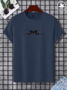 Manfinity Homme Men's Casual Cat Print Short Sleeve T-Shirt, Simple Design - Blue - View 3