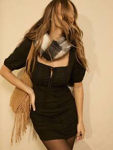 Aralina Women's Autumn/Winter/Summer Linen And Lace Puff Sleeve Mini Dress Perfect For Date Nights And Going Out Outfits And Teacher Outfits And Halloween Outfits