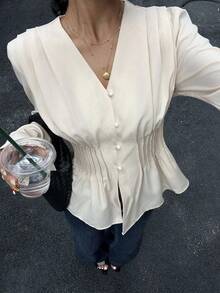 Siren Gaze Fashionable Casual Long-Sleeved Shirts For Women, Autumn Women's Clothing, Waist-Hugging V-Neck Commuter Shirts, Office Wear,Elegant Women's Blouses Winter Casual - Apricot - View 1