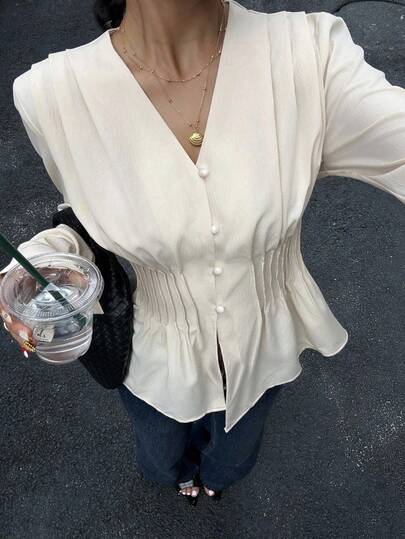 Siren Gaze 时尚休闲长袖衬衫，女士秋季服装，修身V领通勤衬衫，办公室着装，优雅女士衬衫