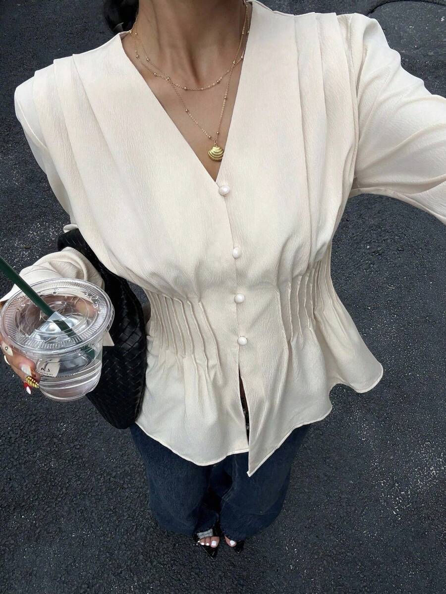 Siren Gaze Fashionable Casual Long-Sleeved Shirts For Women, Autumn Women's Clothing, Waist-Hugging V-Neck Commuter Shirts, Office Wear,Elegant Women's Blouses Winter Casual - Apricot - View 1