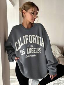 SHEIN Tall Women Letter Graphic Drop Shoulder Thermal Lined Sweatshirt - Grey - View 5