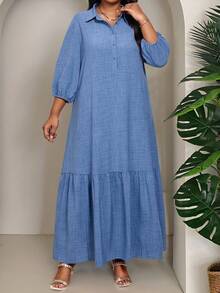 SHEIN Lady 秋季女装商务休闲女士办公室服装女士休闲连衣裙大码婚礼宾客礼服大码连衣裙 - 藍色 - 查看 4