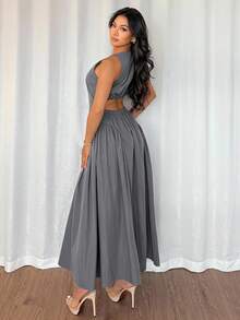 DAZY Vestido de línea A de longitud media con cuello redondo y espalda descubierta para mujer