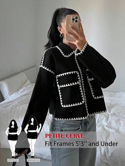 SHEIN PETITE CURVE 大码女式花朵饰边落肩长袖休闲短款大衣，秋冬