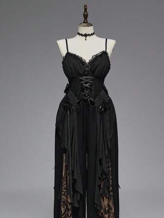 EDITION Plus Size Women Gothic Vintage Lace Patchwork Waist Tie Strap Rose Decor Camisole, Halloween