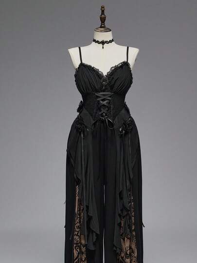 EDITION Canotta da donna taglie forti in stile gotico vintage, con patchwork in pizzo, laccio in vita e decorazione a rose, adatta per Ognissanti