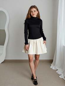 SHEIN Elegant Commuter Dress With Turtleneck Long Sleeve Black Top And Contrast Pleated Skirt, For Teen Girls Fall Winter - Black - View 2