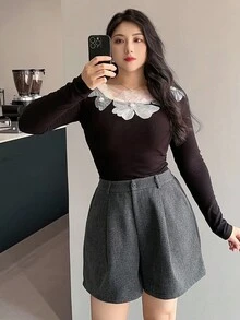 DAZY 大码女式纯色加厚羊毛混纺休闲短裤，秋冬款 - 深灰色 - 查看 5