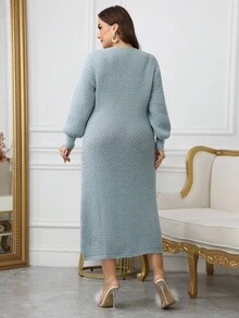 Modelyn 大码女式纯色凤凰羊毛灯笼袖休闲百搭毛衣连衣裙 - 藍色 - 查看 2