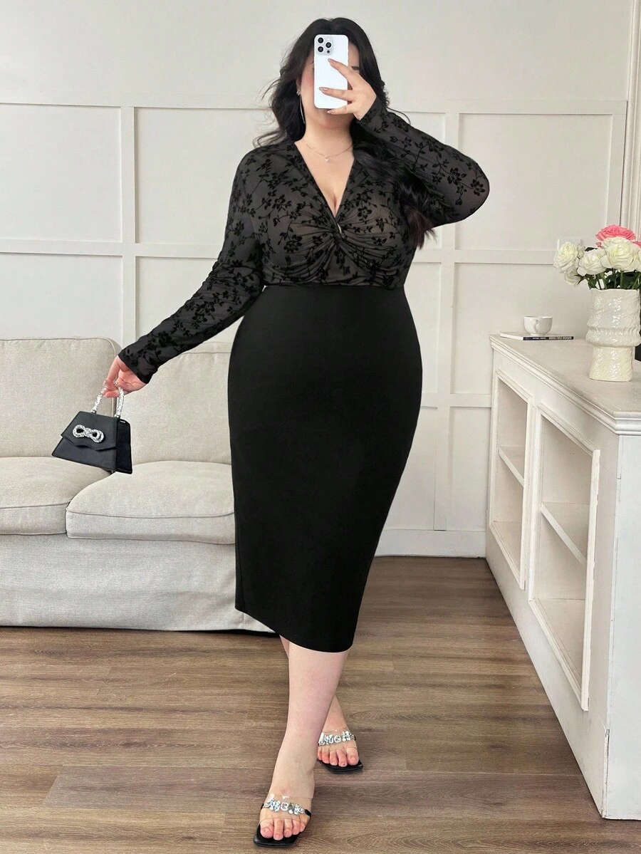 Modelyn Plus Size Women Flocked Mesh Twist Bodycon Dress, Long Sleeve - Black - View 1