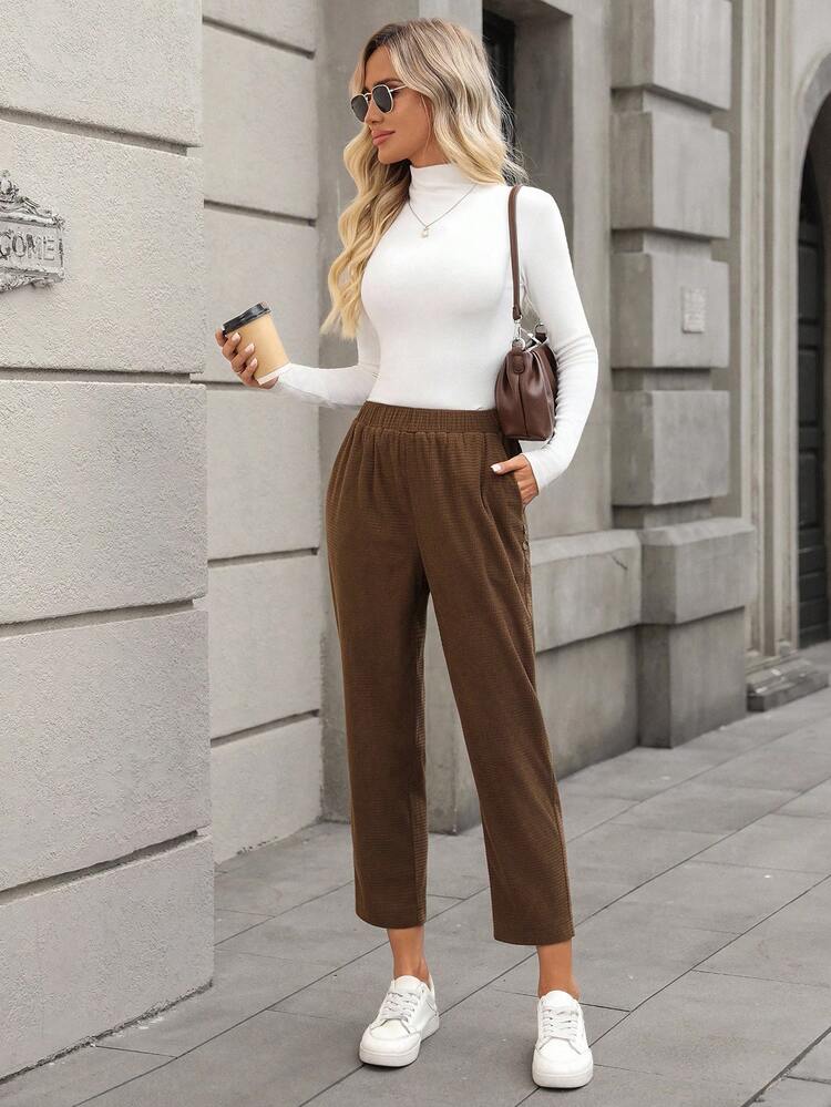 Women's Casual Basic Corduroy Pocket Pants Fall Clothes For Women Brown Pants For Women Women Casual Pants Women Brown Casual Pants Brown High Waisted Pants Going Out Bottoms