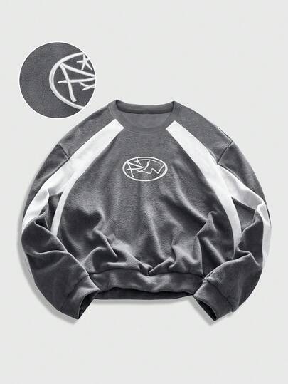 Street Life Men's Street Fashion Crew Neck Embroidery Detail Fleece Long Sleeve T-Shirt, Fall/Winter