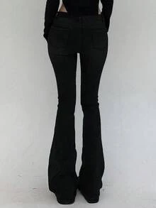 DAZY Women's Slim Fit Low Waist Flare Leg Long Denim Jeans - Black - View 5