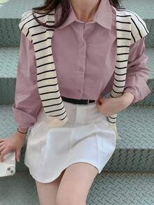 DAZY 女式宽松纯色纽扣衬衫，时尚夏季、秋季长袖上衣 - 紫色 - 查看 7