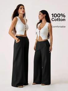 SHEIN PETITE 100% 水洗纯棉低腰直筒裤 - 黑色 - 查看 7