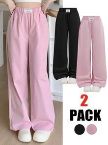 2Pcs Tween Girls Casual Solid Pink And Black Patch Dec Loose Wide Leg Pants, Black + Pink 2 Pieces, Relaxed Style, Back To School Season, Fall Winter Clothes, Winter Girls Clothes, Winter Girls Clothes Wide Leg Sweatpants Girls Pants Loose Pants Pink Pants Black Pants Pants For Girls - Multicolor - View 2