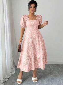 Elenzga Vestido diario y de fiesta elegante de manga abullonada con ajuste ceñido y vuelo para mujer talla grande, elaborado con tela jacquard con estampado de margaritas