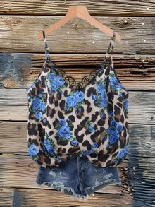 SHEIN VCAY Áo hai dây họa tiết hoa và da báo màu xanh cỡ lớn - Màu xanh lam - Xem 1