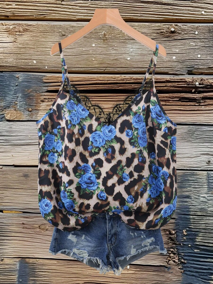 SHEIN VCAY Áo hai dây họa tiết hoa và da báo màu xanh cỡ lớn - Màu xanh lam - Xem 1