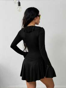 Coolane 女式夏季西部牛仔风 Y2K 弹力荷叶边 V 领系带前褶迷你优雅棕色连衣裙 - 黑色 - 查看 5