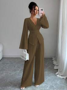 Elenzga 新款春秋纹理奶油黄色女装，法式交叉系带腰部修身 V 领喇叭袖蝴蝶结后背衬衫 + 高腰宽松阔腿裤 2 件套，经典百搭，适合日常、通勤、度假、约会、派对 - 棕色 - 查看 6