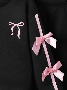 Elladie kids 年轻女孩 2 件套休闲时尚运动衫和裤子套装，粉色丝带和蝴蝶结装饰，长袖圆领套头衫搭配松紧腰慢跑裤，适合上学，秋冬 - 黑色 - 查看 4