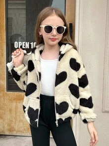 SHEIN Serisse Kids Kurtka z polaru dla dziewczynek w kształcie serca, z kapturem i zamkiem błyskawicznym, idealna na jesień/zimę, idealna na zewnątrz i do szkoły