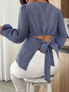 Weeklong Plus Size Women Plaid Lantern Sleeve Tie Back Waist Fashion Shirt - Blue and White - View 3