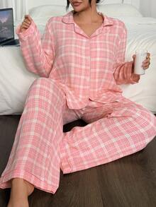 SHEIN Plus Size Plaid Print Ruffle Collar Top & Pants Pajama Set, Fall Winter Clothes, Cozy Outfit - Multicolor - View 1