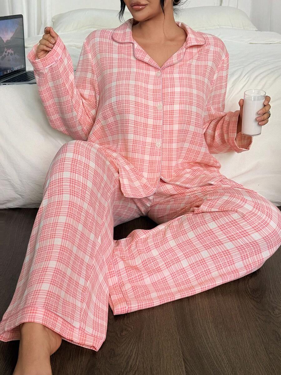 SHEIN Plus Size Plaid Print Ruffle Collar Top & Pants Pajama Set, Fall Winter Clothes, Cozy Outfit - Multicolor - View 1