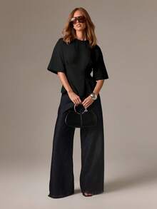 AiiRZ 棉质优雅荷叶边 T 恤，配有和服袖，现代办公室剪裁腰部及肘长飘袖专业工作服 - 黑色 - 查看 4